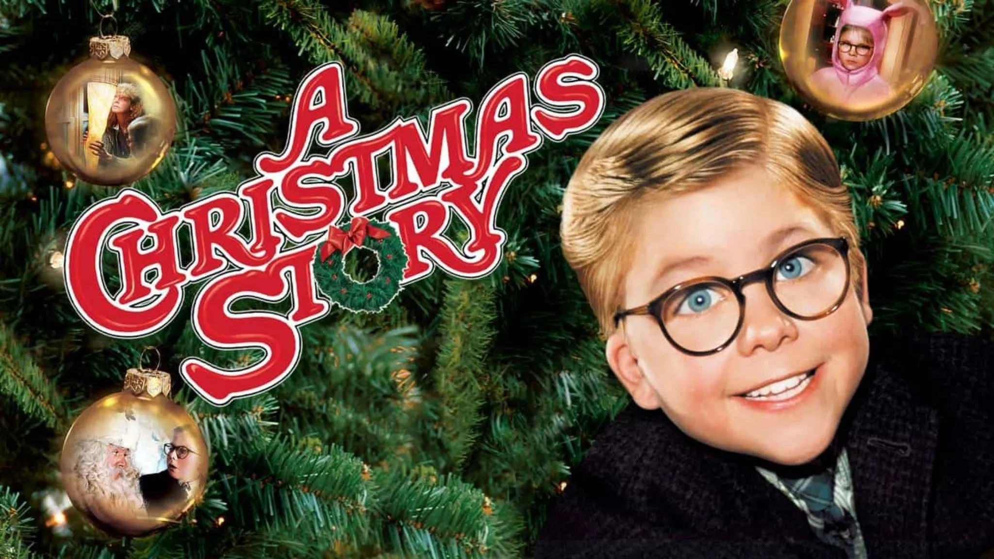 a christmas story movie poster with a young boy in front of a christmas tree